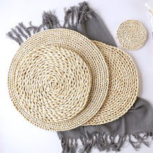 Load image into Gallery viewer, Round Rattan Placemats Natural Corn Straw Woven Dining Table Mats Heat Insulation Pot Holder Cup Coasters Kitchen Accessories